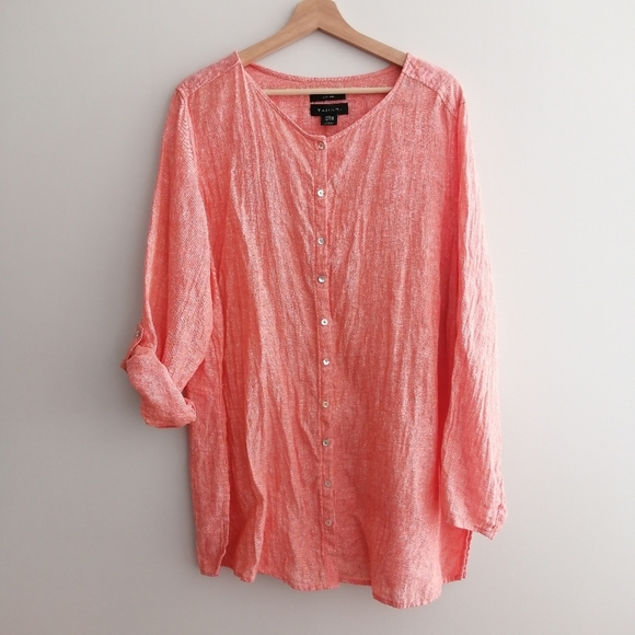 Tahari Plus Size 100% Linen Button Up Tunic Coastal Lagenlook Orange Peach 2X - Picture 3 of 15